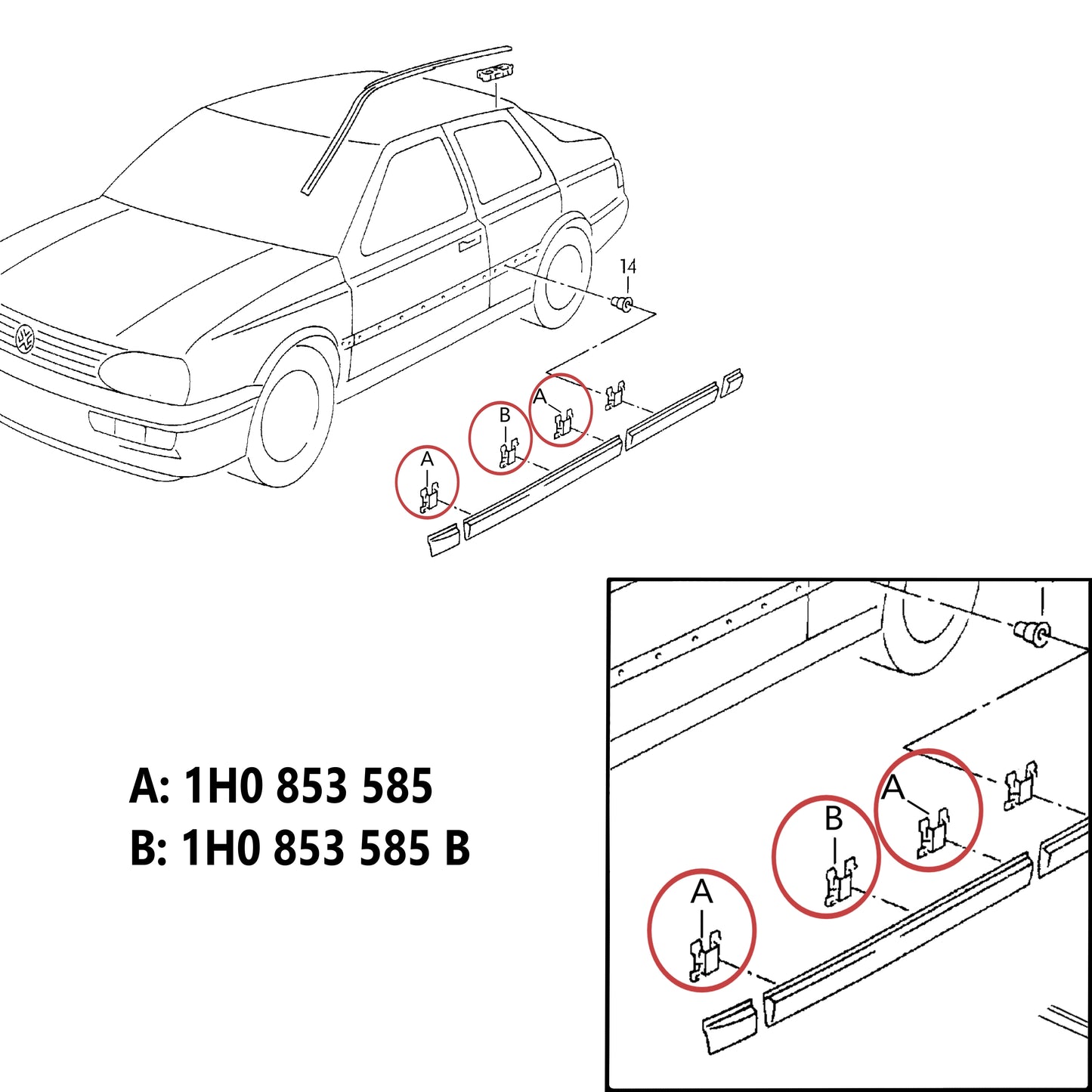 Agrafes et embouts pour moulures latérales de carrosserie 1H0853585 / 1H0853585B (STL)